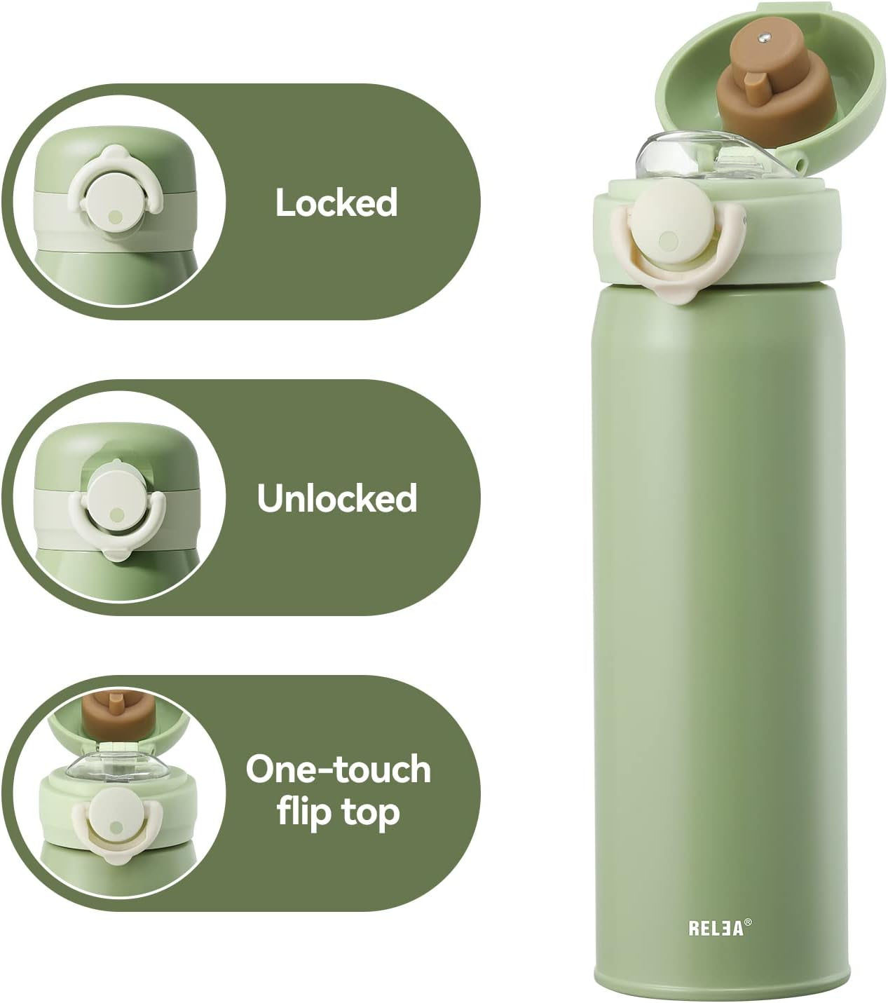 Kids 16 Oz Insulated Thermos Double Wall Water Bottle, Leak-Proof Sports Flask, Smart Water Bottles, Green