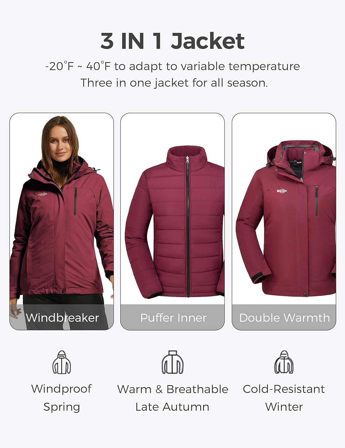 Women'S 3 in 1 Waterproof Ski Jacket Windproof Winter Snow Coat Snowboarding Jackets Warm Raincoat