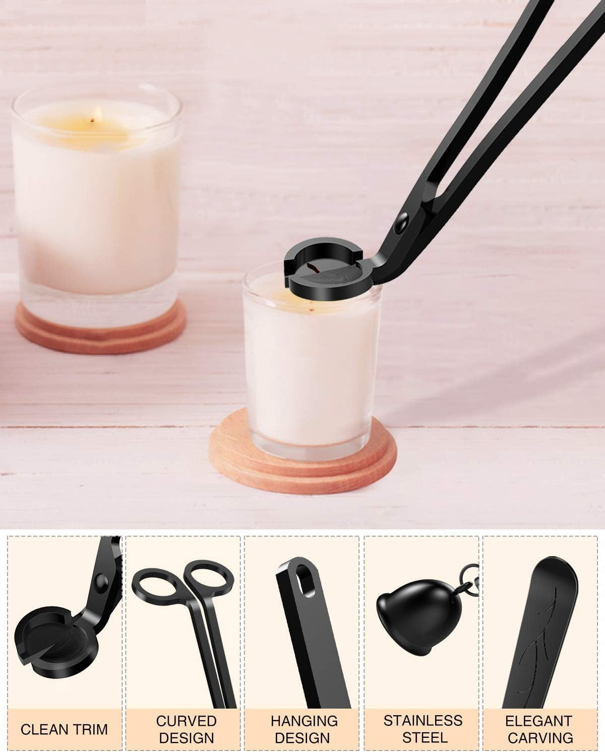 3 in 1 Candle Accessory Set, Candle Wick Trimmer Cutter, Candle Snuffer Extinguisher, Wick Dipper with Gift Package for Candle Lover (Black)