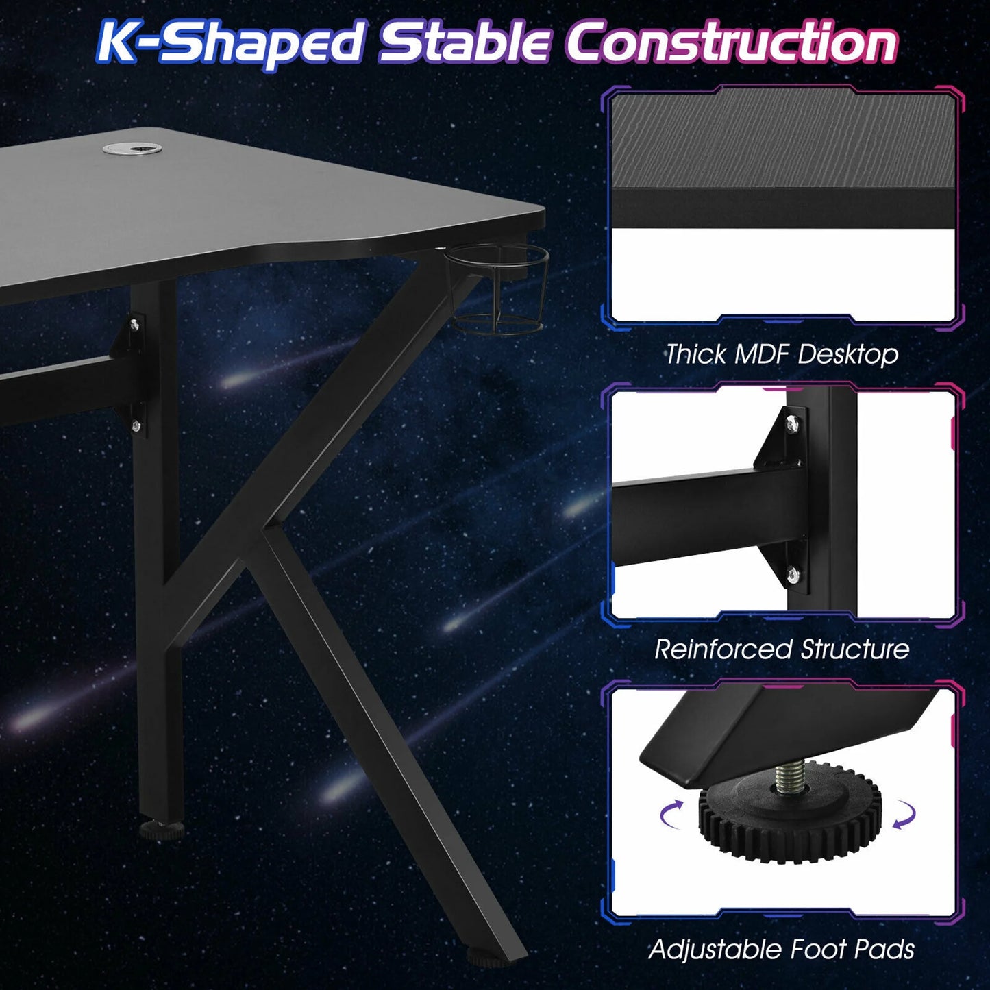 48'' K-Shaped Gaming Desk Computer Table with Cup Holder & Headphone Hook