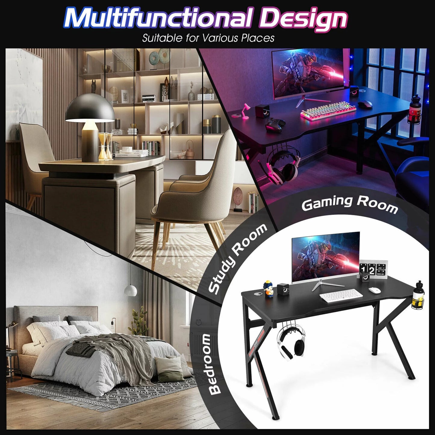 48'' K-Shaped Gaming Desk Computer Table with Cup Holder & Headphone Hook