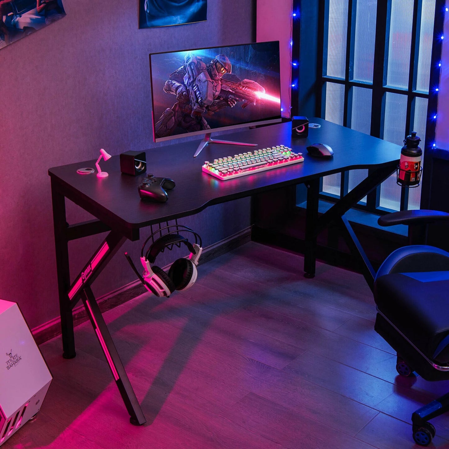 48'' K-Shaped Gaming Desk Computer Table with Cup Holder & Headphone Hook