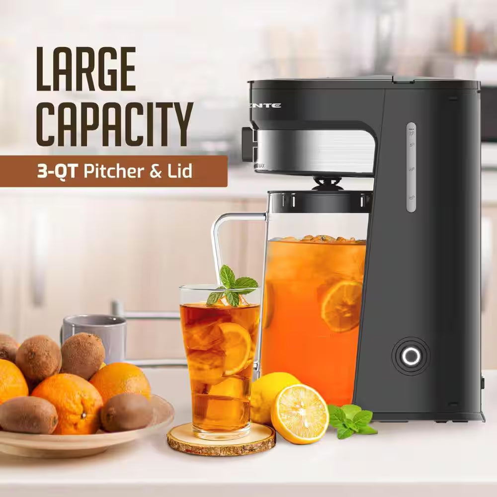 Black 3 Quart Iced Tea and Coffee Brewing Strength Selector and Infuser Chamber Lattes Lemonade, Flavored Water