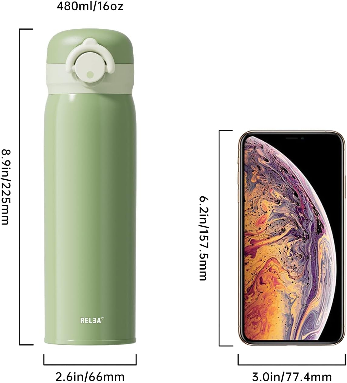Kids 16 Oz Insulated Thermos Double Wall Water Bottle, Leak-Proof Sports Flask, Smart Water Bottles, Green