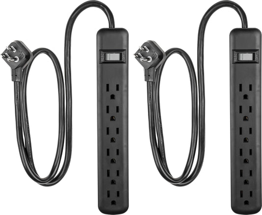 6-Outlet Sur Protector 2 Pack, 3 Ft Extension Cord, Power Strip, 450 Joules, On/Off Switch, Integrated Circuit Breaker, Heavy Duty, Warranty, UL Listed, Black, 83969